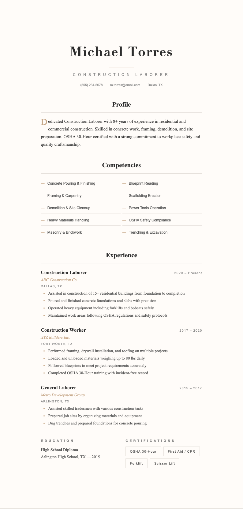 Elegant Sophisticated construction laborer resume
